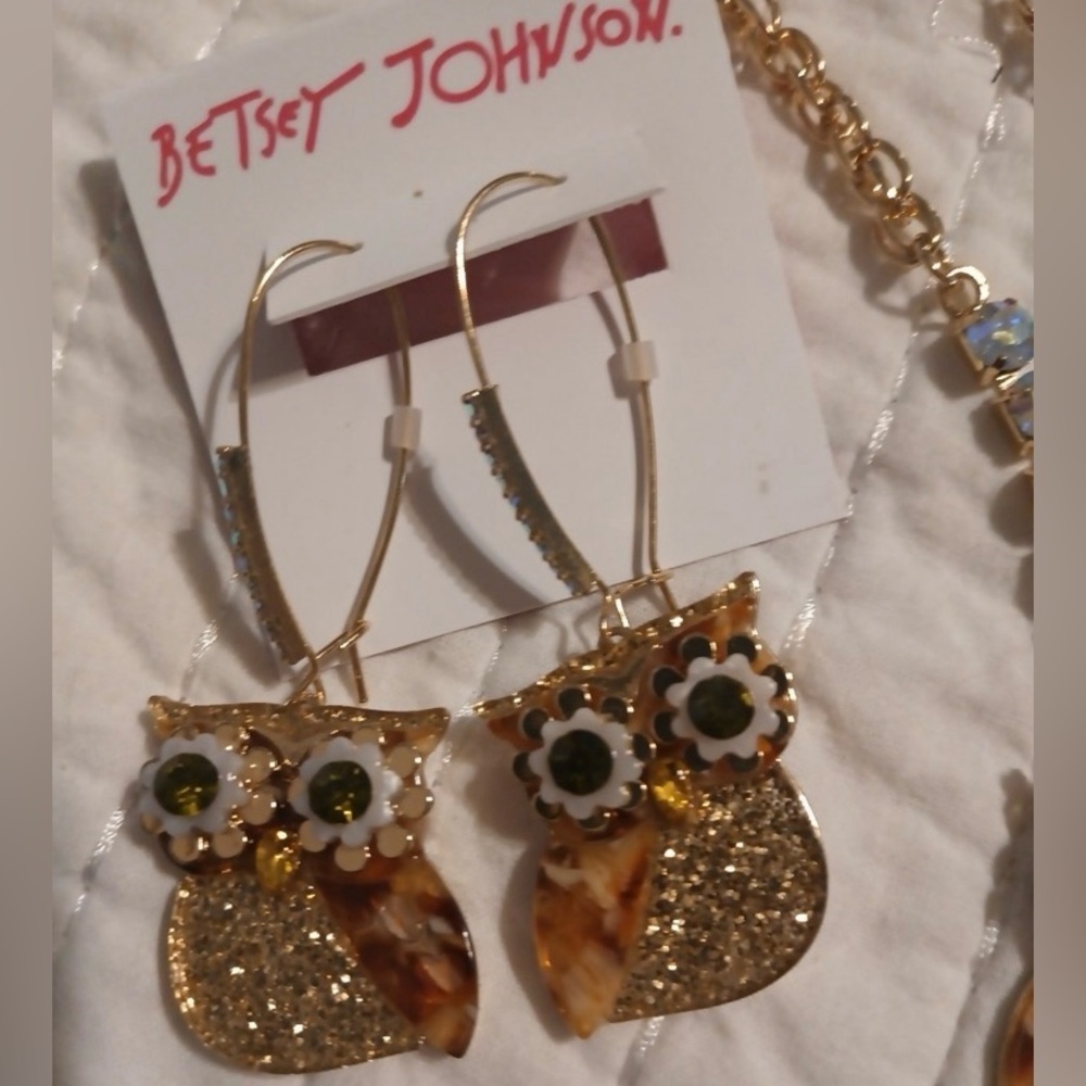 BETSEY JOHNSON SET Woodland Creatures Crystals Owl Necklace & Earrings SET NWT - Picture 8 of 8